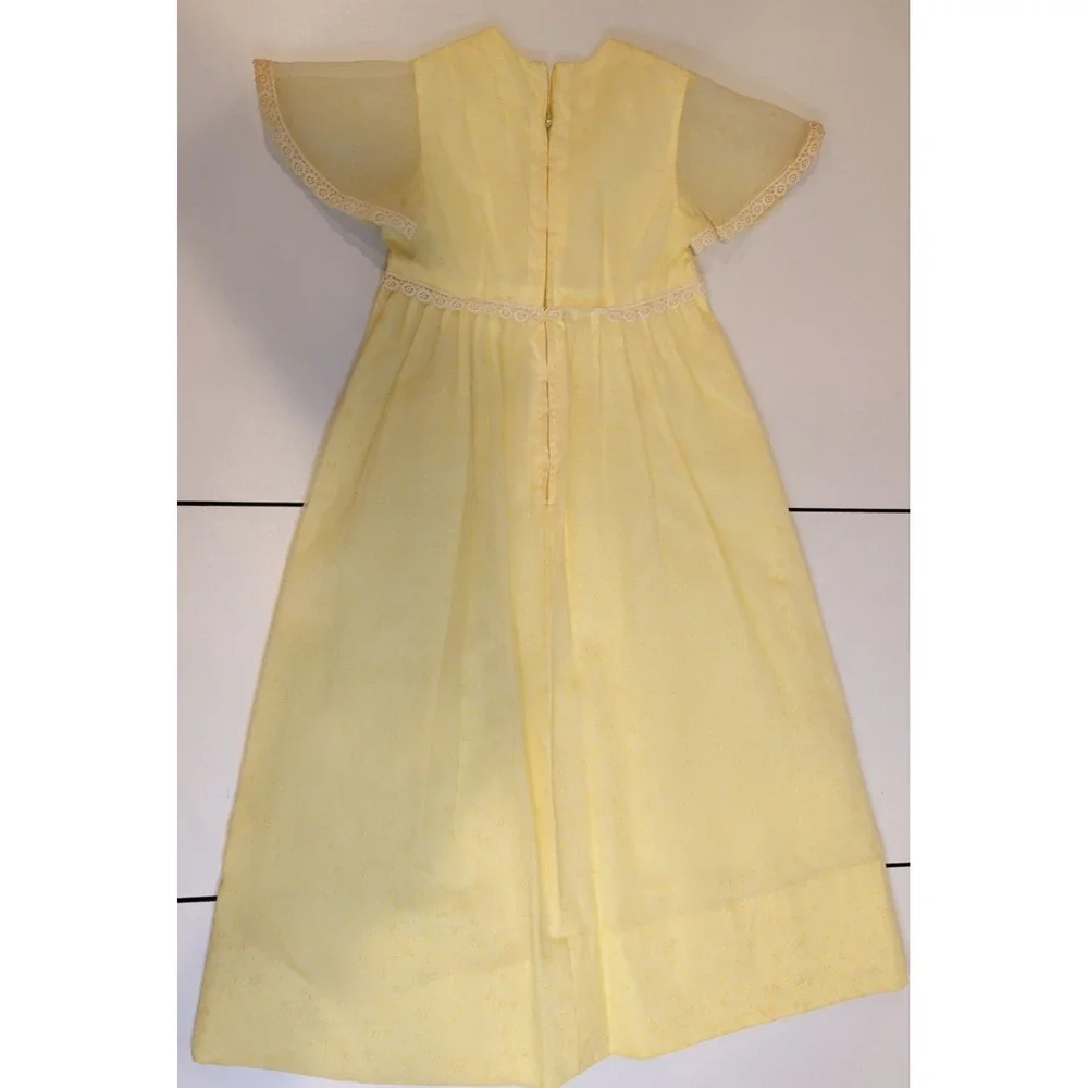 Vintage Girls Yellow Lace Trim Dress Sheer Sleeves Formal Easter Size 4T